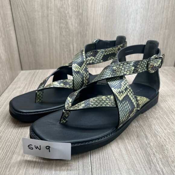 Vince Morris Strappy Flat Sandals 10M Snake Skin Ankle Strap Leather Green Black - Picture 14 of 14